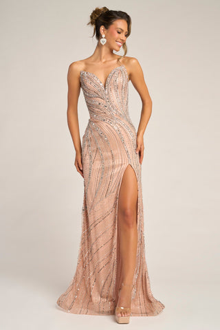 Pink and Silver beaded formal gown with slit