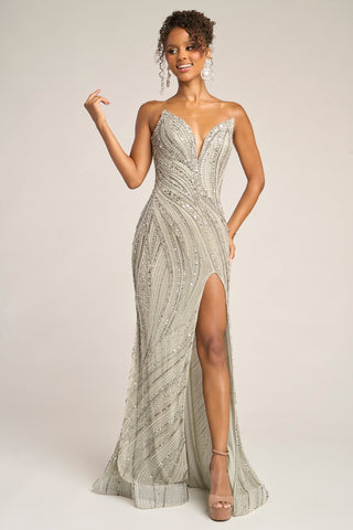 Silver beaded gown with high slit. PS26417C.