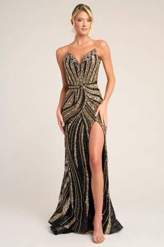 Black and gold sequin gown with high slit (PS26418C)