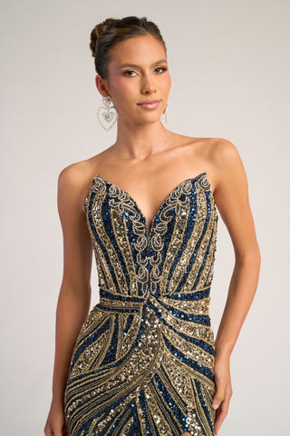 Navy and Gold Strapless Evening Gown - PS26418C
