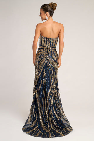 Navy and Gold Strapless Evening Gown