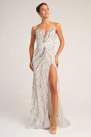 White and silver beaded formal gown with slit