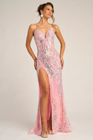 Pink and silver embellished formal gown with high slit.