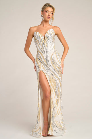 White and Silver Sequin Strapless Gown with Slit - PS26419C