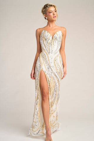White and silver sequin gown with high slit