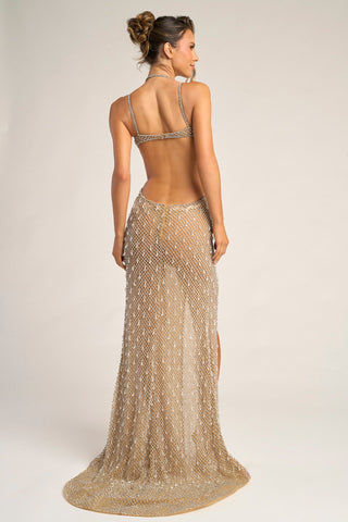Nude beaded gown PS26420C, back view