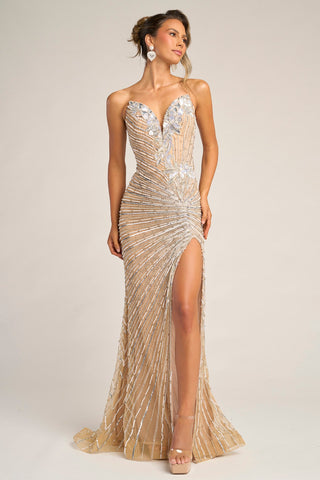 PS26422C Beige Silver beaded gown with high slit.
