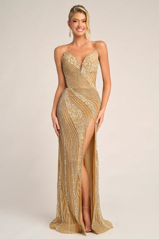 Gold beaded formal gown with high slit