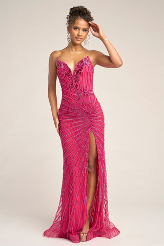 Hot pink formal gown PS26422C with high slit.