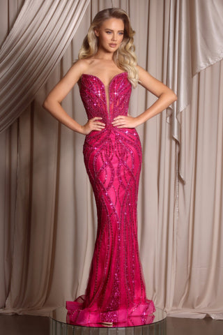 Fuchsia beaded evening gown, style PS26423C.