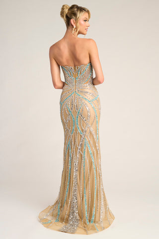 Nude, Blue, & Silver Beaded Gown - PS26423C