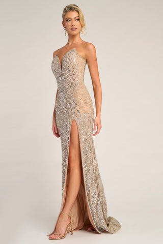 Champagne sequin prom dress with high slit