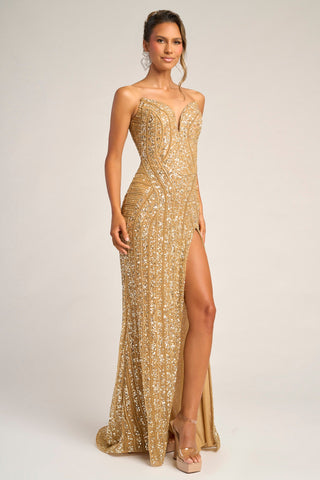 Gold sequin gown with high slit