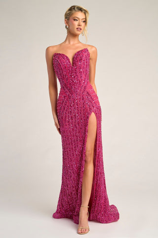 Hot Pink Beaded Prom Dress with High Slit