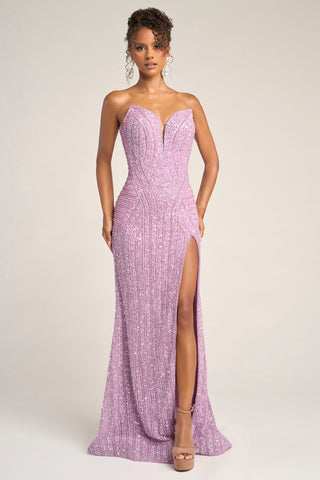 Lavender strapless beaded gown with thigh slit