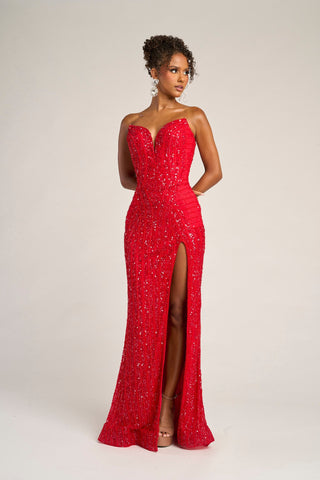 Red sequin strapless gown with high slit - PS26424C