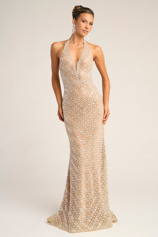 Nude silver halter gown PS26425C on a woman.