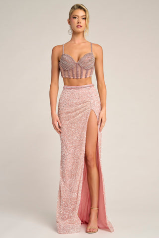 Pink sequin two-piece dress with high slit