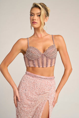 Pink beaded crop top and skirt set