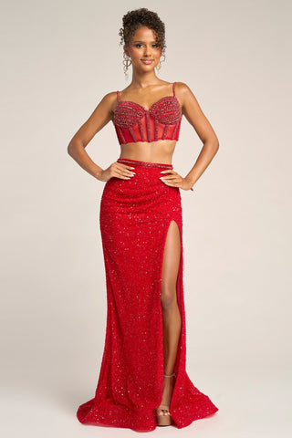 Red two-piece formal dress with slit