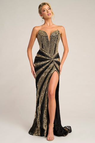 Black and Gold Gown with High Slit