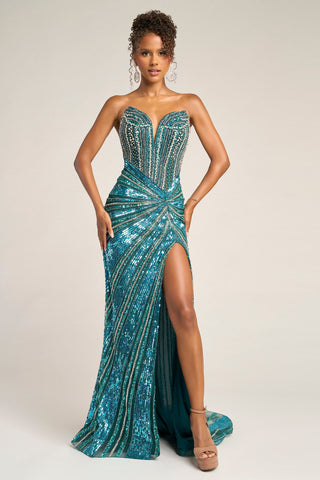 Turquoise embellished evening gown PS26431C