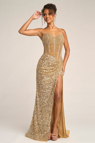 Gold Sequin Evening Gown PS26432C with high slit
