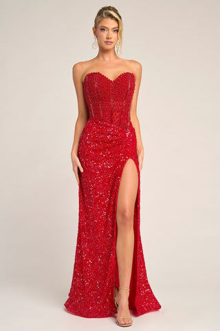 Red sequin formal dress with high slit