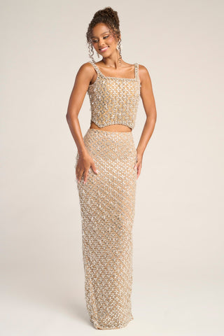 Nude Silver beaded two-piece formal dress