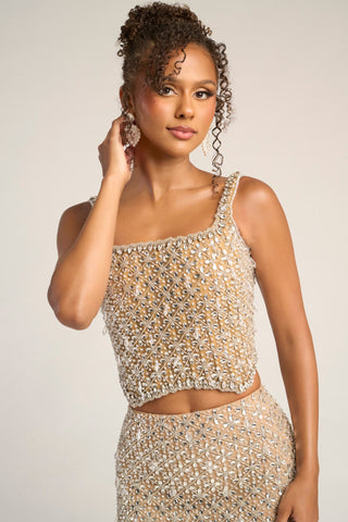 Nude Silver beaded crop top & skirt set - PS26433C