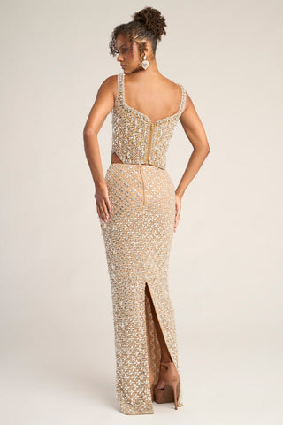 Nude silver beaded formal gown