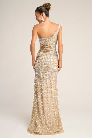 Nude Silver one-shoulder beaded evening gown