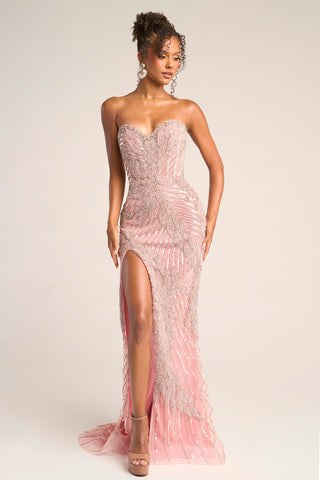 Pink & silver beaded strapless gown with high slit.