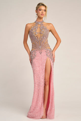 Pink beaded halter gown with high slit