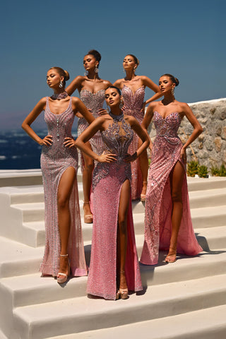 Pink silver embellished gowns, women in formal dresses