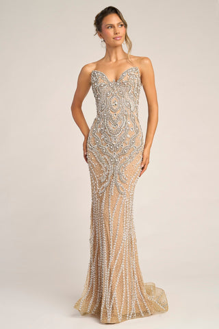 Nude Gold beaded formal gown PS26446C