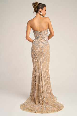 Nude gold strapless beaded gown, PS26446C
