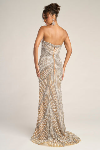 Nude, white, & silver beaded strapless gown PS26448C