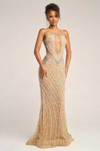Nude Silver beaded gown PS26454C on model