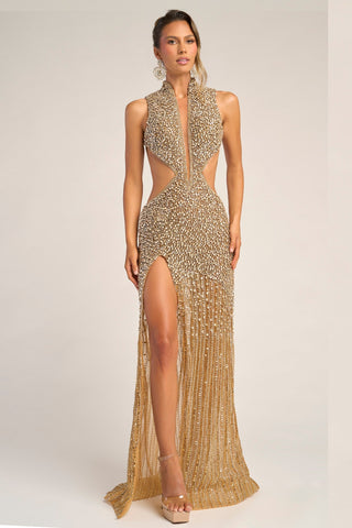 Gold beaded gown PS26988C with high slit