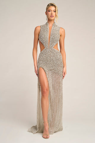 Silver beaded gown PS26988C with high slit