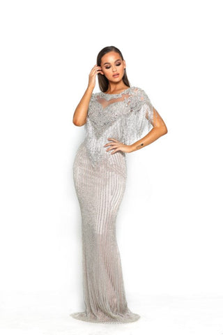 PS3017_1 Silver beaded fringe gown