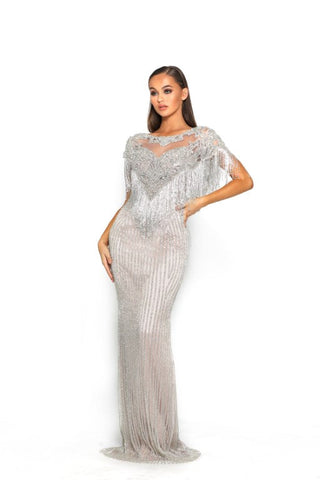 Silver beaded formal gown with fringe.