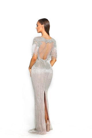 Silver beaded gown with open back