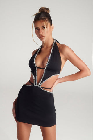 PS306B-1 Black halter mini dress with rhinestone trim