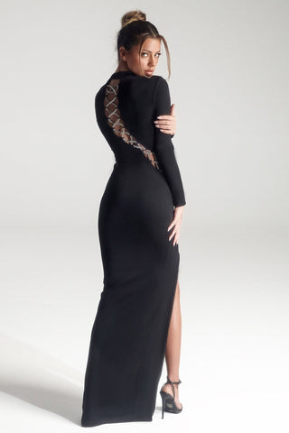 PS326B-3 Black dress with lace back and slit