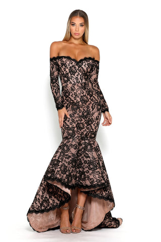 PS3969_2 black lace off-shoulder gown
