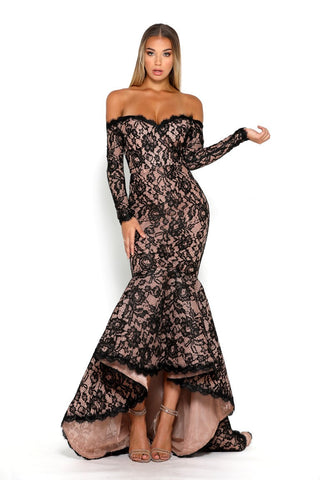 Black lace off-shoulder gown