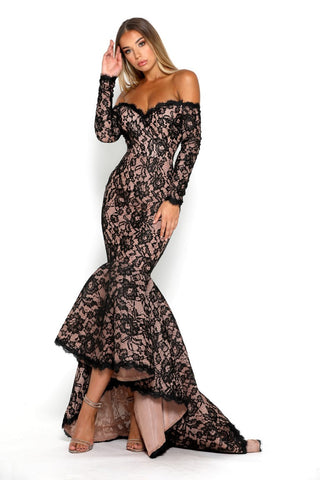 Black lace off-shoulder gown