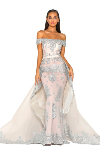 PS5020 Silver Nude Off-Shoulder Gown